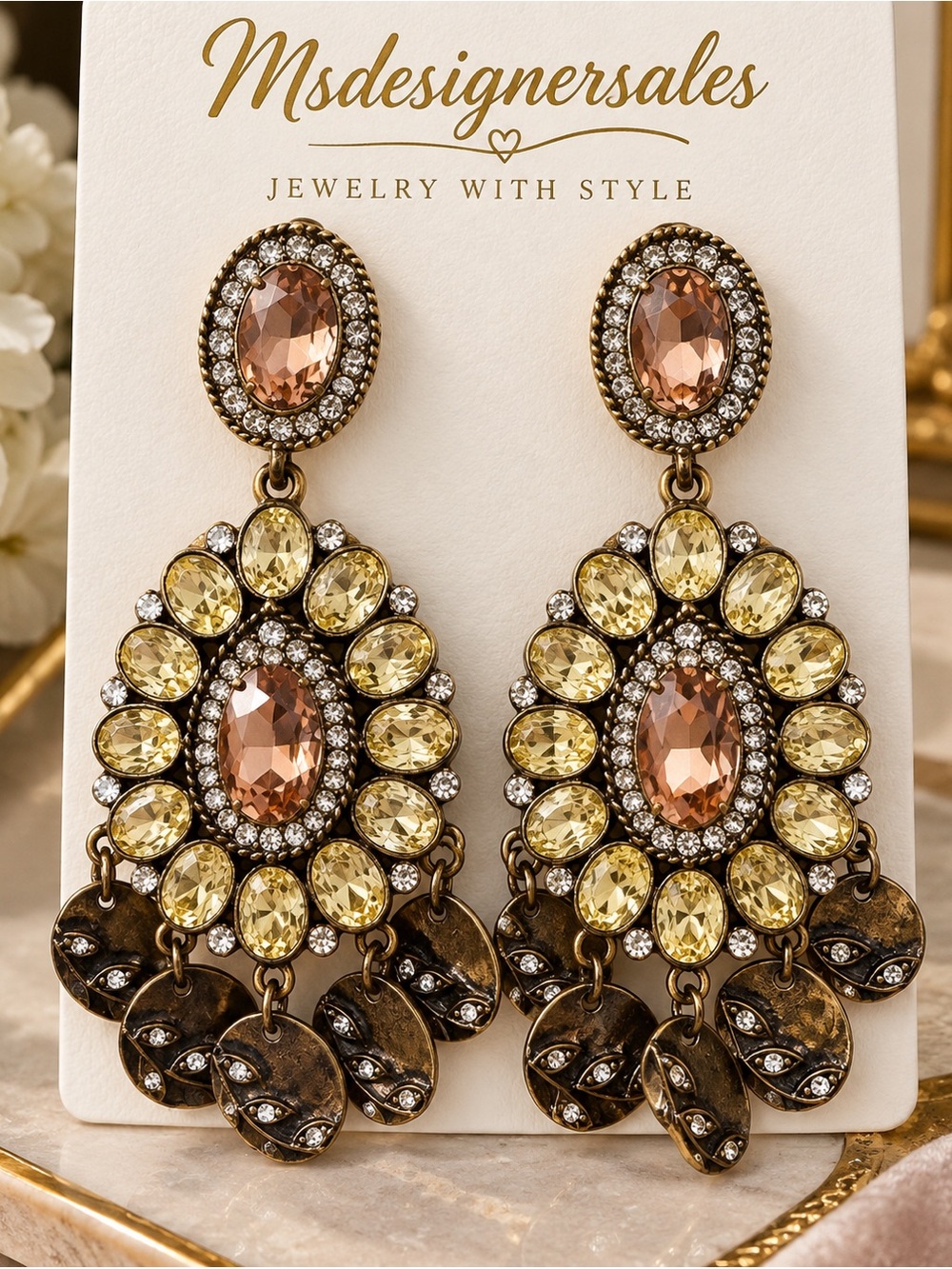 Gold-Tone Pink and Yellow Crystal Drop Earrings